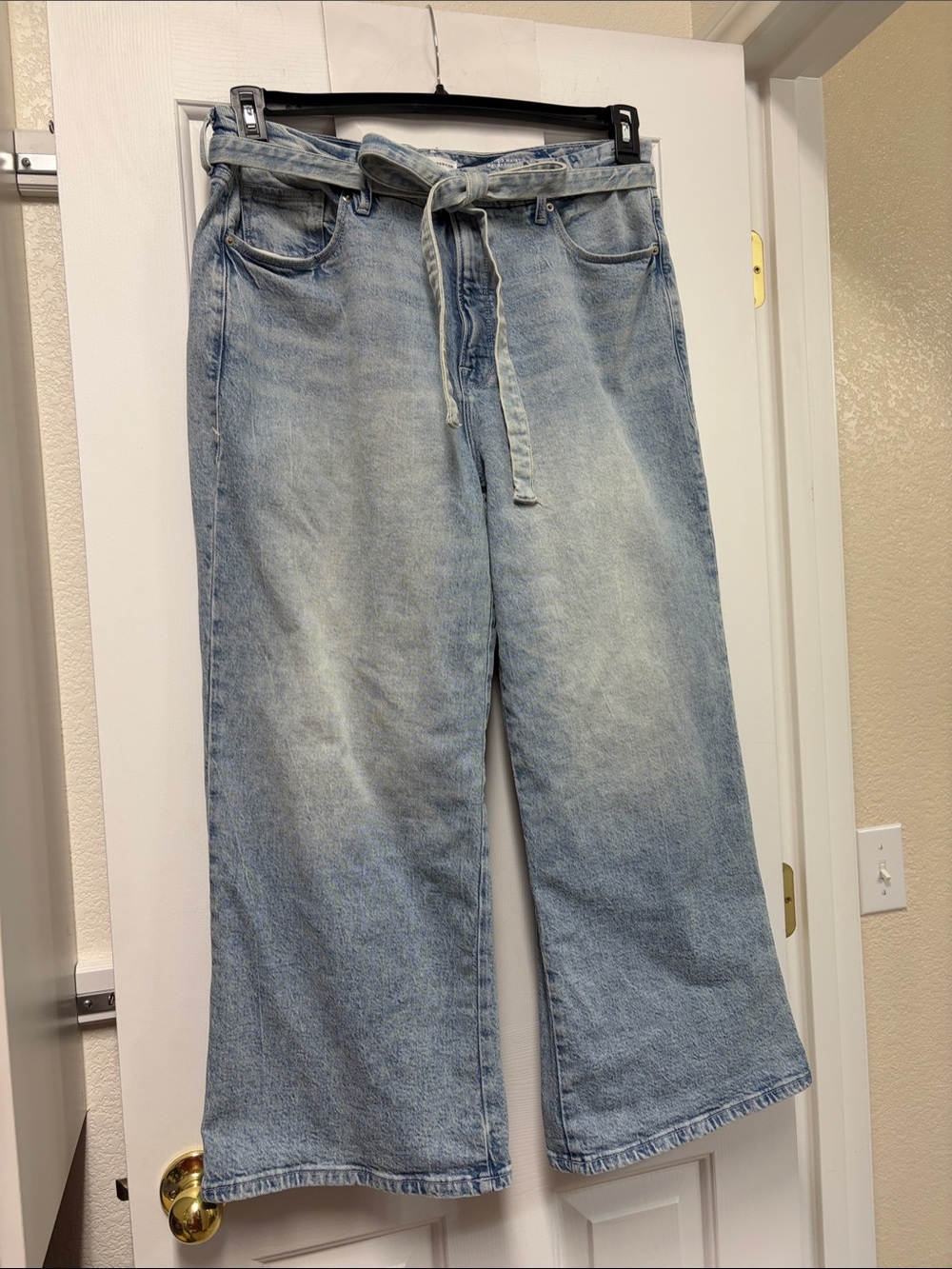 Good American Light Blue High-Rise Wide Leg Jeans with Tie Waist